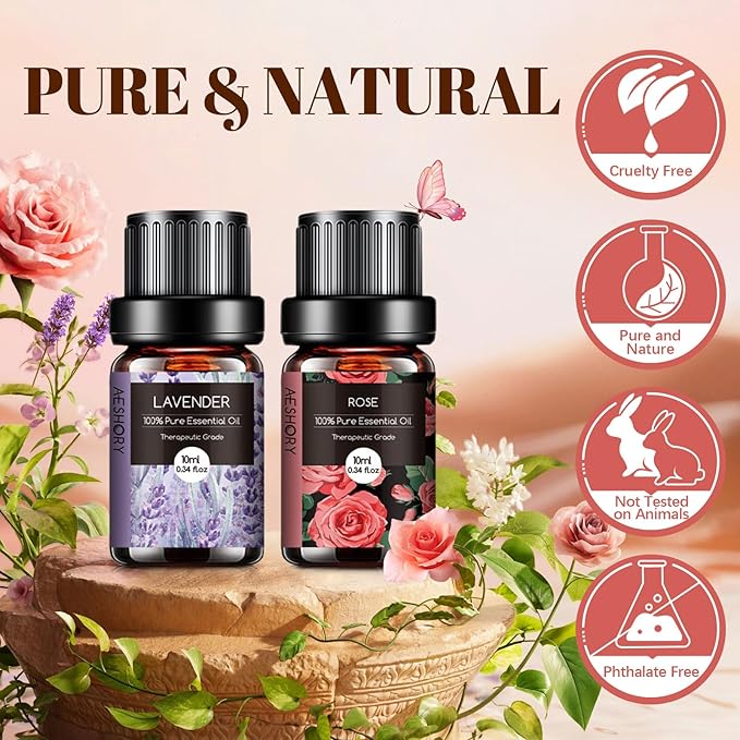 Floral Essential Oils Set - 6x10ML Fragrance Oil for Diffusers, Massage, Aromatherapy, Candle Making - Lavender, Rose, White Tea, Jasmine, Ylang-Ylang, Cherry Blossom Scented Oil - Bloomnest