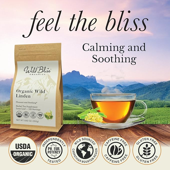 Wild Bliss Organic Linden Flower Tea - Caffeine Free Loose Leaf Calming Herbal Tea - 8.8 Ounces - 125 Servings - Bloomnest