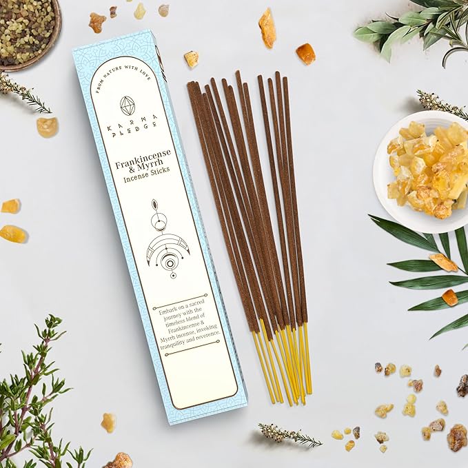 Frankincense & Myrrh Incense Sticks, Organic Hand Dipped Incense, Natural Herbs & Aromatic Ingredients, Contain 40 Sticks Inside, Burn Time 45-60 Min, Spiritual Gifts, Incense By Karma Pledge