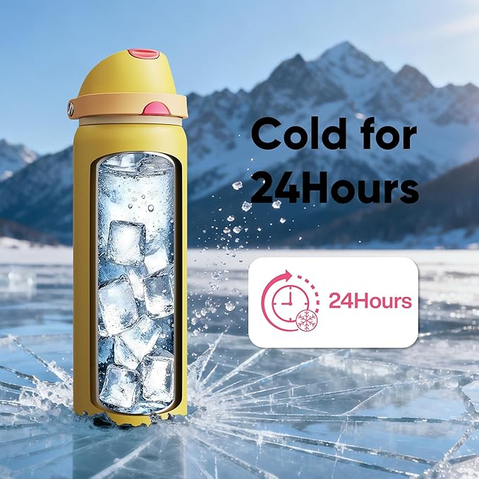 Insulated Water Bottle with Straw - Encool Stainless Steel Water Bottle with Push Button Lid, Leak-Proof & BPA-Free, Keeps Cold for 24 Hours for Sports, Travel, Gym (32 oz, Ginger) ENCOOL