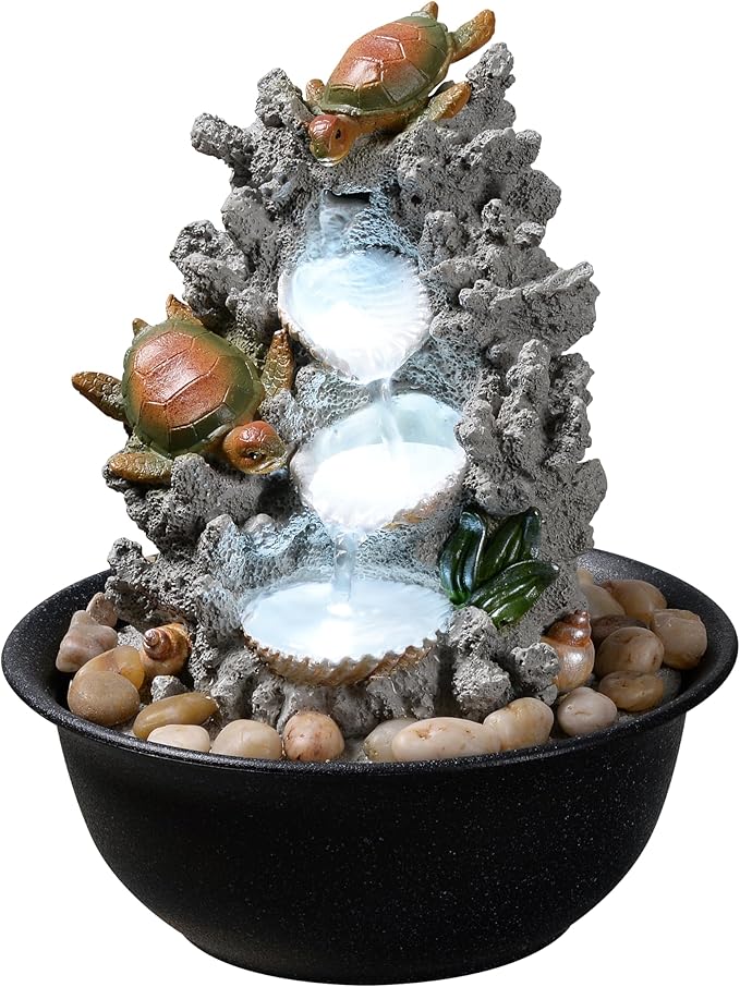 Indoor Tabletop Turtle Water Fountain with LED Light – Coastal Sea Life Desk Waterfall Feature with Soothing Sounds and River Rocks, Ocean Zen Decor for Home Office - Bloomnest
