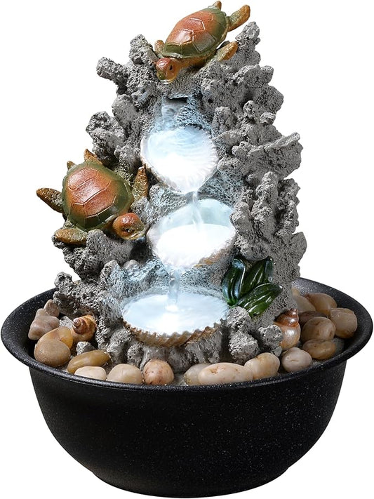 Indoor Tabletop Turtle Water Fountain with LED Light – Coastal Sea Life Desk Waterfall Feature with Soothing Sounds and River Rocks, Ocean Zen Decor for Home Office - Bloomnest
