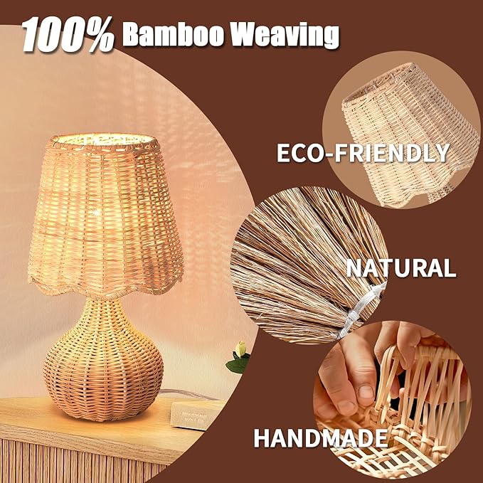 Rattan Small Bedside Table Lamp for Bedroom, Boho Mini Table Lamps for Nightstand, Farmhouse Small Table Lamps for Small Spaces for Kitchen Counter, Bookshelf, Bedroom, Kids Dorm - Bloomnest