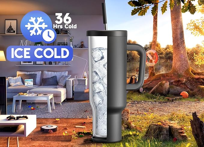 Meoky 50 oz Tumbler with Handle, Tumbler with Lid and Straw, Insulated Stainless Steel Travel Mug, 100% Leak-proof, Keeps Cold for 36 Hours or Hot for 12 Hours (Night) - Bloomnest