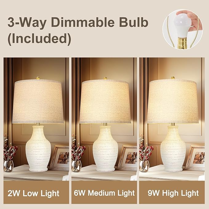 Scenekoy 23" Ceramic Table Lamps Set of 2 with 3-Way Dimmable Bulb,Rotary Switch,Lamps for Living Room,Bedside Lamp with Linen Shade,Nightstand Lamps of 2 for Living Room Bedroom(Bulb Included) - Bloomnest