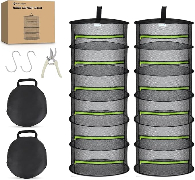Yesker 6 Layer Herb Drying Rack Hanging Mesh Net Foldable Plant Drying Racks 24" w Green Zipper Pruning Shears Dryer Hanging Rack for Herbs Seed Bud Fruit Clothes Grow Tent Closet Garden Outdoor 2 PCS - Bloomnest