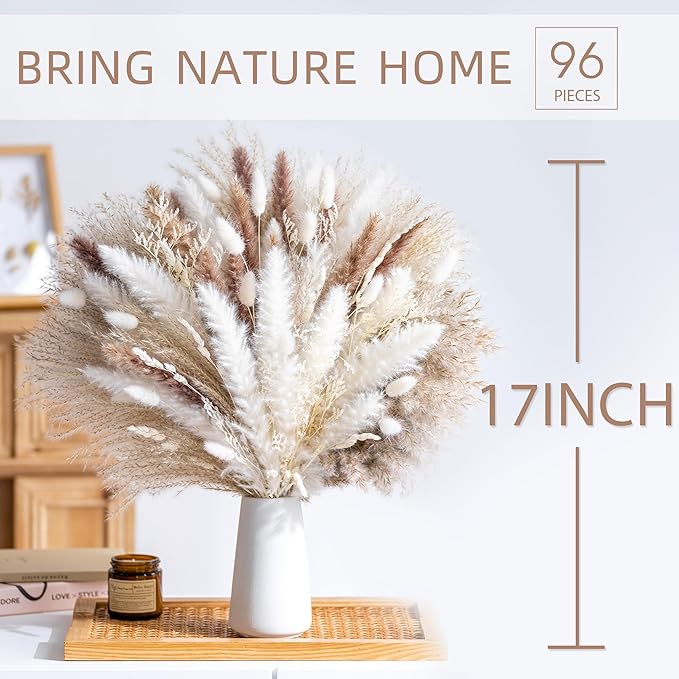 96PCS Natural Dried Pampas Grass Boho Home Decor Bouquet Phragmites Dried Flowers Bouquet for Wedding Floral Arrangements Home Decorations (96PCS) - Bloomnest