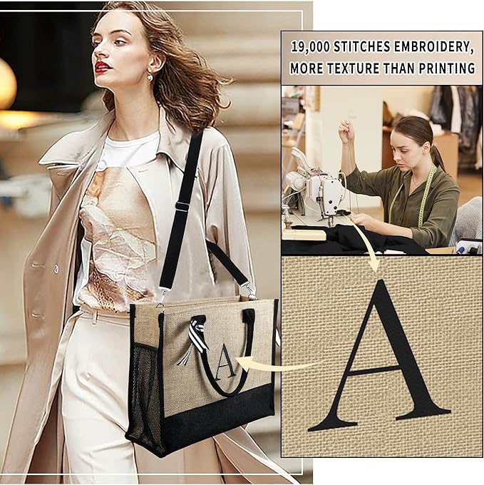 YOOLIFE Valentines Day Gifts for Her - Initial Jute Tote Bag & Makeup Bag, Birthday Gifts for Women Teacher Mom Wife Friend - Bloomnest