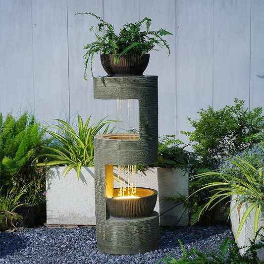 38" Outdoor Water Fountain with Waterfall & LED Lights Freestanding Garden Water Fountain for Patio/Backyard Resin Tiered Fountains with Pump, Brown - Bloomnest