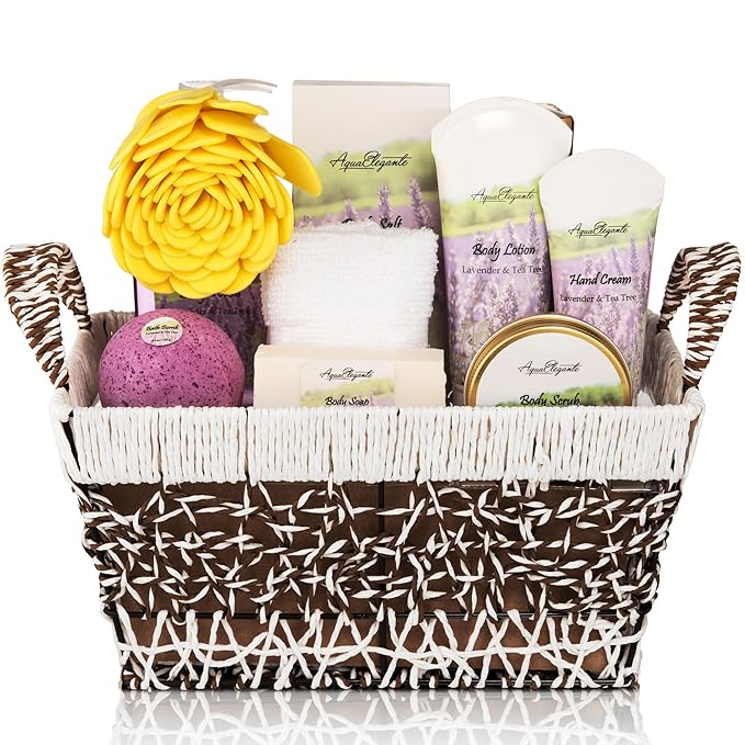 Spa Baskets For Women - Luxury Bath Set With Lavender & Tea Tree Oil - Spa Kit Includes Wash, Bubble Bath, Lotion, Bath Salts, Body Scrub, Hand Cream, Shower Puff, Bathbombs, Soap and Towel - Bloomnest