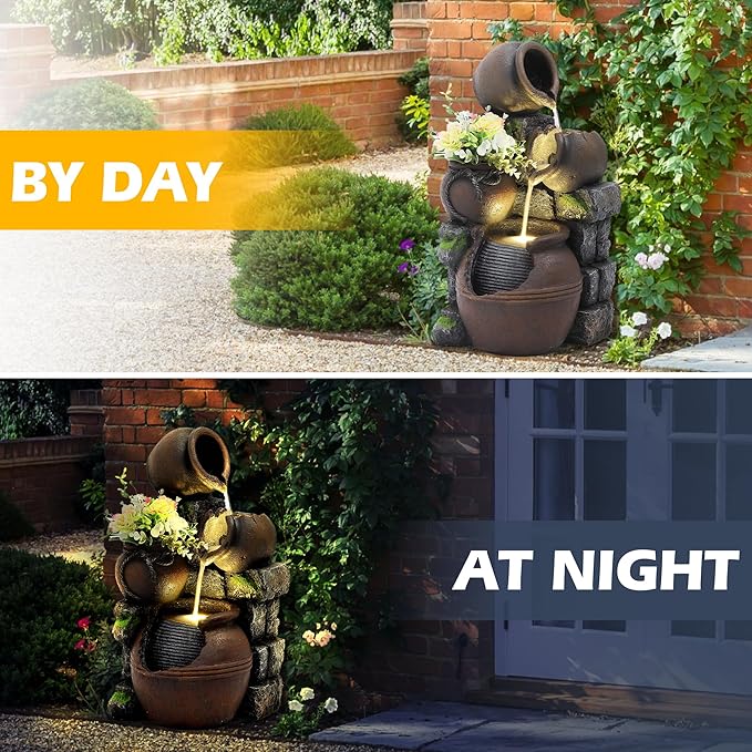 TITIMO Outdoor Water Fountain with Flower Pot and Lights - Cascading Pitchers Farmhouse Fountains and Waterfalls, Garden Fountain Patio Decor, Waterfall Fountains Indoor and Outdoor - Bloomnest