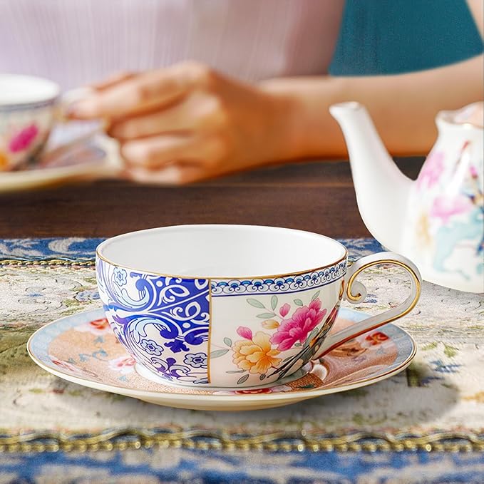ACMLIFE Tea for One Teapot and Cup, Vintage Floral Porcelain Tea Set for One, Bone China Teapot with Cup Set, Tea Pot Gift for Women (Blue-C) - Bloomnest