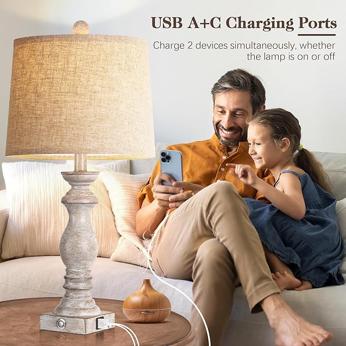 24.5" Table Lamp Set of 2, Rustic Farmhouse Bedside Lamps with USB A+C Charging Ports, 3-Way Dimmable Touch Control Nightstand Lamps for Living Room Bedroom, Antique Grey White, LED Bulbs Included - Bloomnest