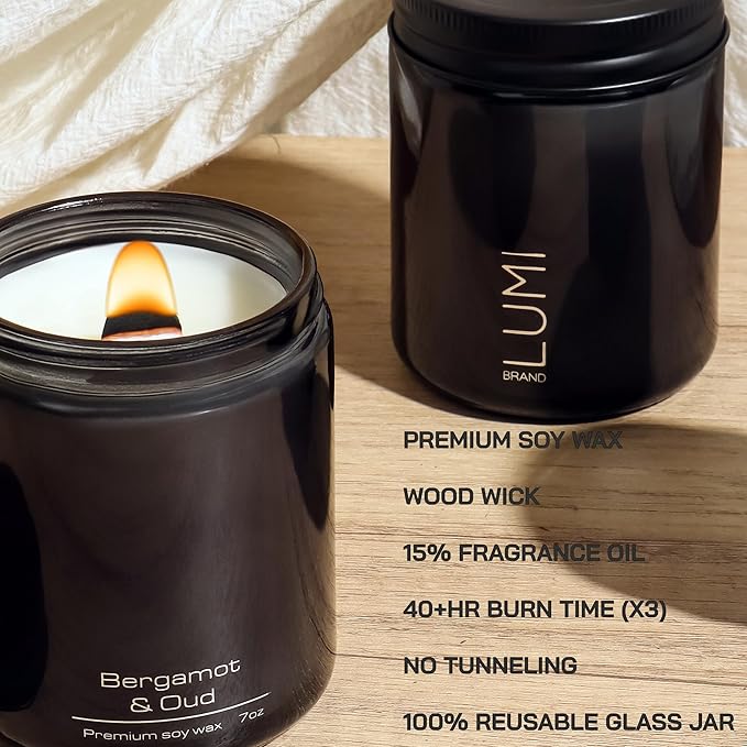 Set of 3 Premium Scented Soy Candles Gift Set | Le Noir Collection - Men’s Cologne, Red Teakwood, Bergamot & Oud | Crackling Wood Wick | Luxury Candles for Relaxation, Home Décor & Gifts | 9.8oz Each - Bloomnest
