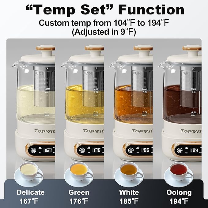 Topwit Electric Tea Kettle, 11 Temperature Control & 4 Presets Glass Kettle with Removable Infuser, 0.8L Electric Kettle for Coffee, Formula, Tea Maker with 8H Keep Warm, Boil-dry Protect, Beige - Bloomnest