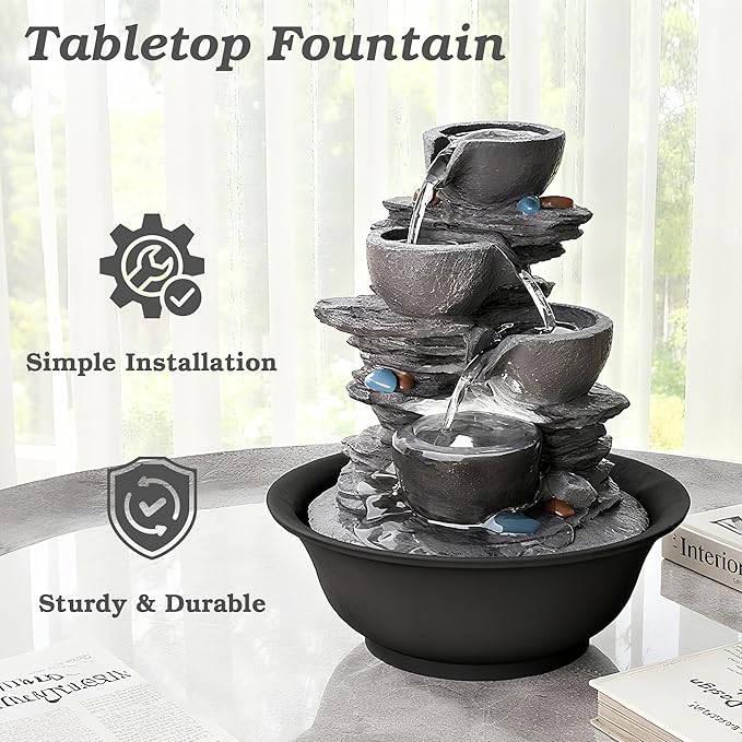 10.6inch Tabletop Fountain, Indoor Waterfall Fountains with LED Light, Realistic Rock Design for Soothing Ambiance in Bedrooms, Living Rooms, Offices, or Meditation Spaces - Bloomnest