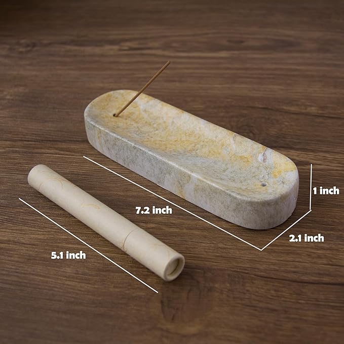 Marble-Patterned Concrete Incense Holder, with A Box of Jasmine Incense, 7.1 Inch Catches Falling Incense Ash, A Poetic and Artistic Gift for Yoga＆Meditation(GreenYellow) - Bloomnest