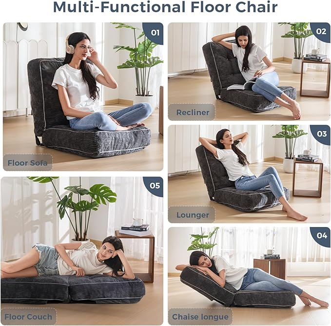 MAXYOYO Adjustable Floor Chair with Back Support, Gaming Floor Meditation Chair with Tufted Cushion, Adults Lounge Couch Folding Sofa Seat for Reading Meditating Sleeping, Dark Grey - Bloomnest