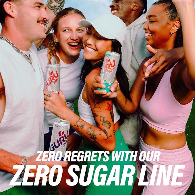 GURU ZERO SUGAR Wild Ruby Red Organic Energy Drinks, Clean Energy Drink with Plant Based Natural Caffeine from Green Tea, Coconut Water, Prebiotic, Zero Added sugars, Gluten Free and Vegan, Pre Workout, Healthy Drinks, 12oz (Pack of 24) - Bloomnest