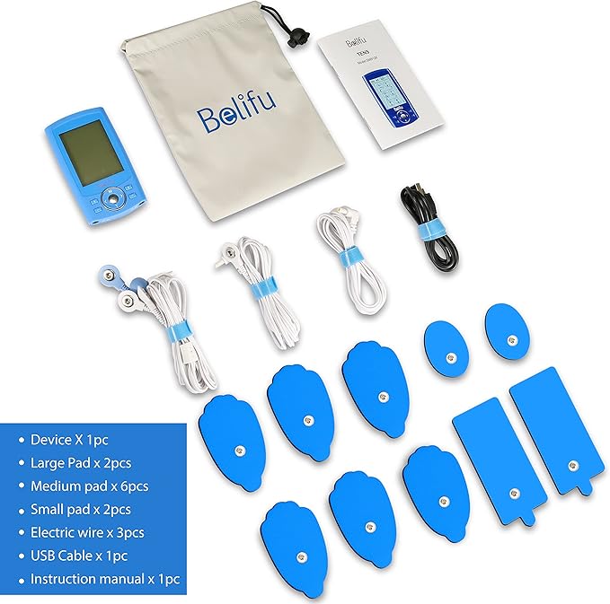 Belifu Dual Channel TENS EMS Unit 24 Modes Muscle Stimulator for Pain Relief Therapy, Electronic Pulse Massager Muscle Massager with 10 Pads, Dust-Proof Drawstring Storage Bag, Fastening Cable Ties Belifu