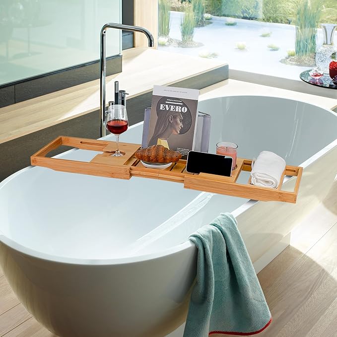 Utoplike Bamboo Bathtub Caddy Tray Bath Tray for Tub, Adjustable Bathroom Bathtub Organizer with Book Tablet Wine Glass Cup Towel Holder - Bloomnest
