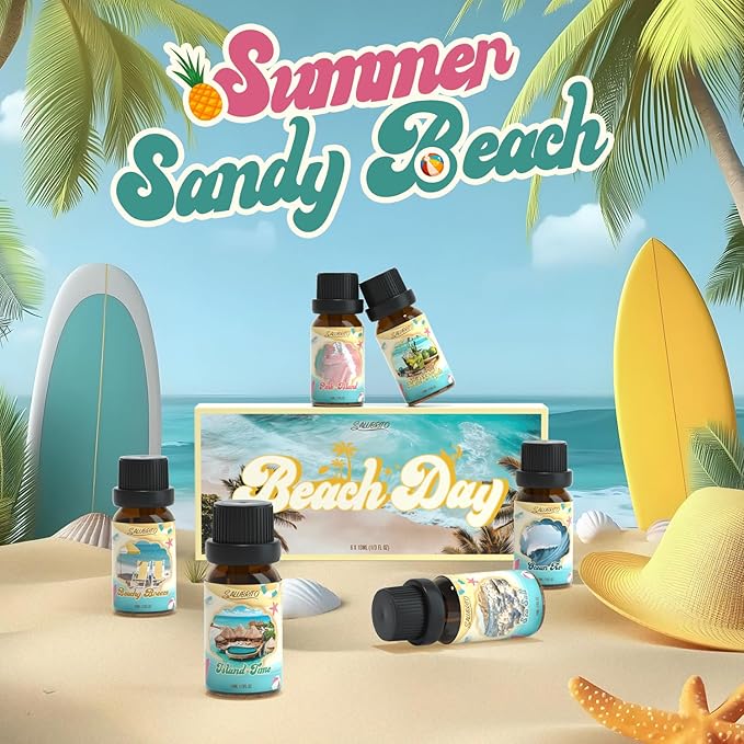 SALUBRITO Beach Fragrance Oils Set, Summer Essential Oils for Diffuser, Candle, Soap Making, Beachy Breeze, Sea Salt, Pink Island, Ocean Air, Island Time, Mint Mojito Scented Oil - Bloomnest
