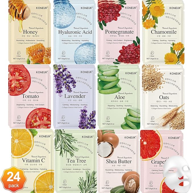 24 Pack Sheet Face Masks Skincare for Women, Hydrating Collagen Essence Face Masks Suitable for All Skin Types, Face Mask Gifts Set for Spa Party, Bulk Facial Masks for Women Skin Care - Bloomnest