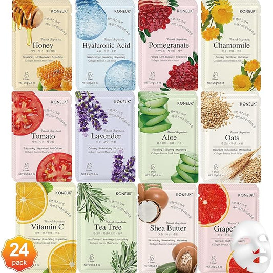 24 Pack Sheet Face Masks Skincare for Women, Hydrating Collagen Essence Face Masks Suitable for All Skin Types, Face Mask Gifts Set for Spa Party, Bulk Facial Masks for Women Skin Care - Bloomnest