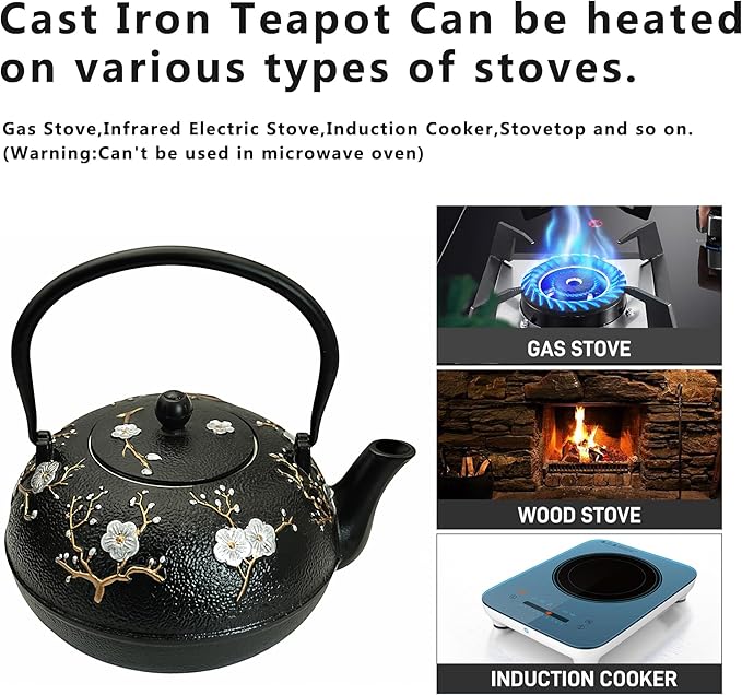 YJX 60.9oz Large Cast Iron Teapot for Stovetop, Japanese Tetsubin, Heavy and Durable Tea Pot, Tea Kettle with Stainless Steel Infuser for Loose Tea, Floral Pattern(1800ML) - Bloomnest