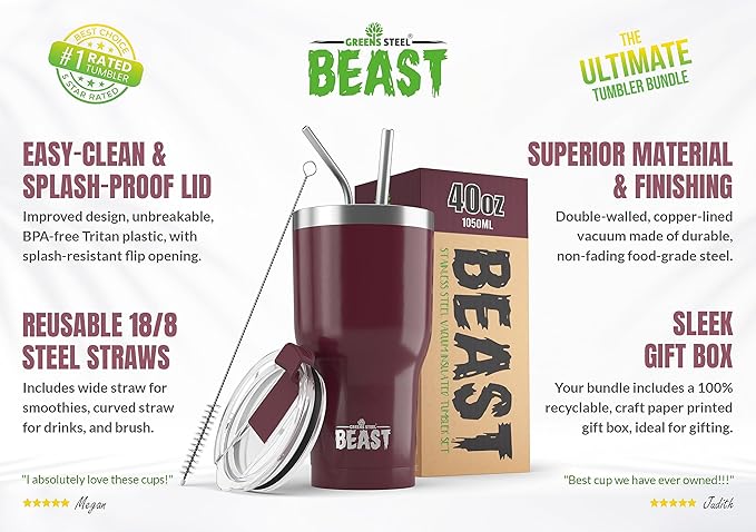Beast 40 oz Tumbler Stainless Steel Vacuum Insulated Coffee Ice Cup Double Wall Travel Flask (Cranberry Red) - Bloomnest