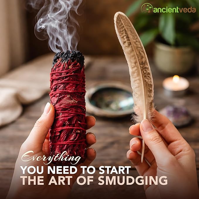 Ancient VEDA Organic Smudge Kit – Dragon's Blood, Palo Santo, Sweetgrass Braid, Feather & Smudge Guide | Home Cleansing Kit for Meditation, Yoga, Energy Healing (Starter Kit, Dragon's Blood Sage) AncientVeda