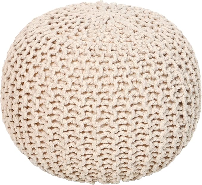 REDEARTH Round Pouf Ottoman - Cable Knitted Boho Poof - Home Décor Cord Pouffe Handmade Circular Footrest for Living Room - Bedroom - Kids Bedroom - 100% Cotton Pouf (19.5"x19.5"x14") - Ivory - Bloomnest