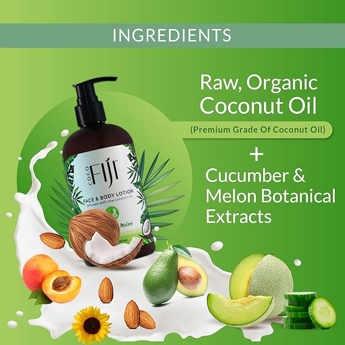 Coco Fiji Face & Body Lotion Infused With Coconut Oil | Lotion for Dry Skin | Moisturizer Face Cream & Massage Lotion for Women & Men | Cucumber Melon 12 oz, Pack of 1 - Bloomnest