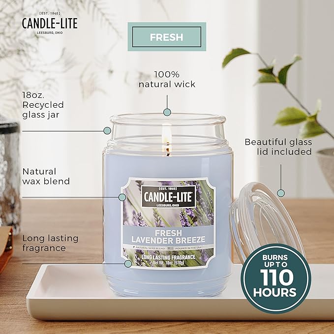 Candle-lite Scented Candles, Fresh Lavender Breeze, 18 oz Jar, Proudly Poured in The USA, Aromatherapy Candle, Single-Wick with 110 Hours of Burn Time, Perfect for Creating a Relaxing Ambiance - Bloomnest
