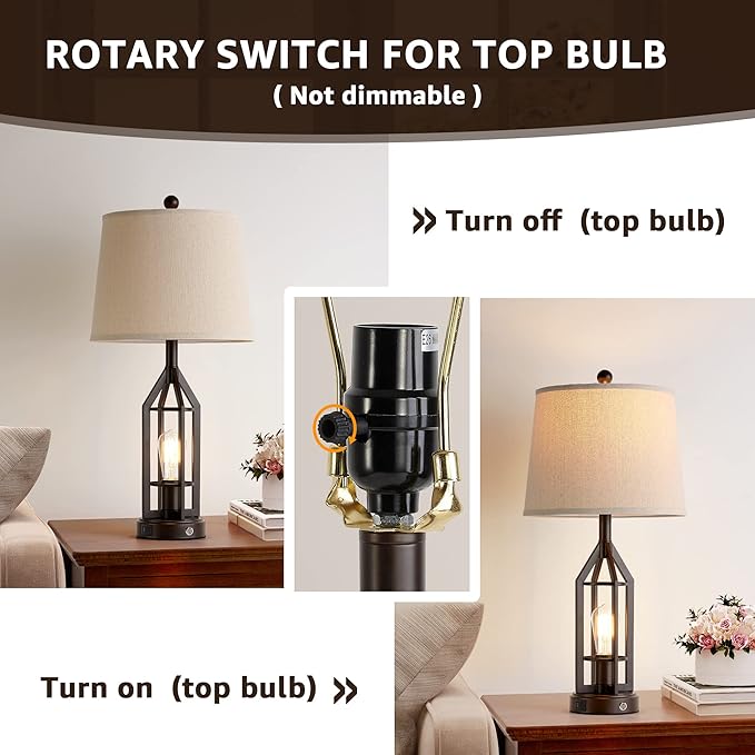 28" Living Room Lamps Set of 2, Farmhouse Table Lamps for Bedroom with USB A+C Ports, Touch Lamps for Nightstand End Tables, 4 Bulbs Included - Bloomnest