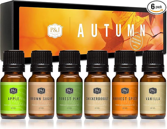P&J Fragrance Oil Autumn Set | Brown Sugar, Apple, Harvest Spice, Vanilla, Forest Pine, and Snickerdoodle Candle Scents for Candle Making, Freshie, Soap Making Supplies, Diffuser Oil Scents - Bloomnest