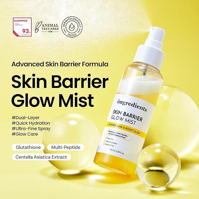 ONGREDIENTS Skin Barrier Glow Mist, Dual-Layer Facial Mist, 98% Pure Glutathione, Multi-Peptide, Centella, Ultra-Fine Spray, Cooling, Dry and Sensitive Skin, Korean Skin Care, 3.38 fl. oz. / 100ml - Bloomnest