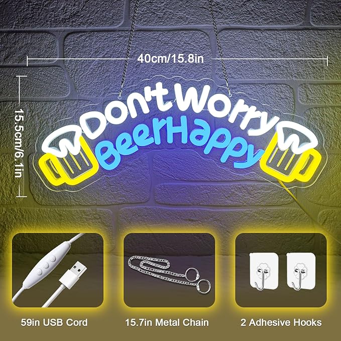 Don't Worry Beer Happy Neon Sign,Bar Sign,Beer Neon Sign,USB Powered with Dimmable Switch,Neon Signs for Wall Decor for Bar,Club,Party,Neon Signs for Man Cave - Bloomnest