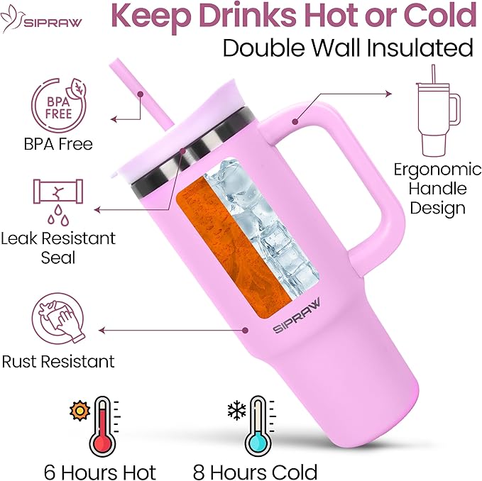Tumbler with Handle, Insulated Tumbler with Lid and Straw, Stainless Steel Travel Coffee Mug, Cup Holder Friendly, Perfect for Camping, Travelling & Gifting, 30oz, Pink - Bloomnest