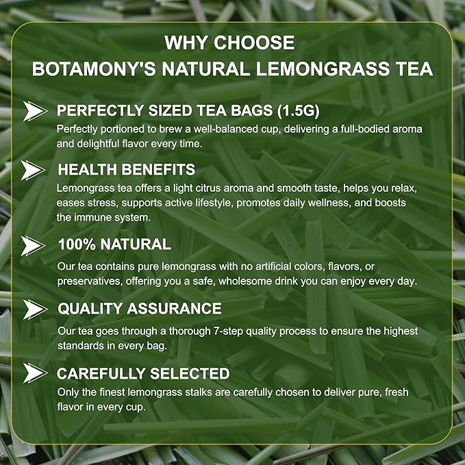 BOTAMONY 75 Premium Lemongrass Tea Bags 1.5g/Bag, 100% Natural Zacate de Limon, Caffeine-Free Herbal Tea for Daily Enjoyment, Refreshing Citrus-Mint Aroma & Smooth Flavor, Non-GMO & Vegan - Bloomnest
