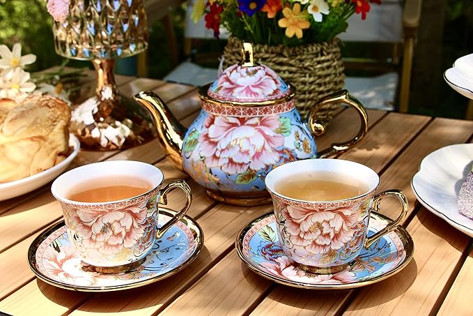 20 Pieces Porcelain Tea Set With Metal Holder, European Ceramic tea set for adults,Flower Tea Set,Tea Set For Women With Flower Painting(Large version, Light Blue)) - Bloomnest