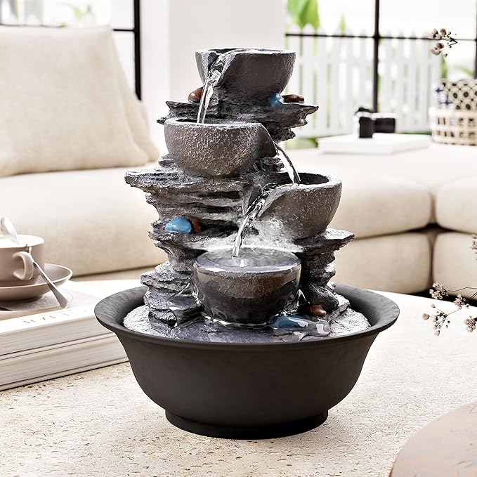 10.6inch Tabletop Fountain, Indoor Waterfall Fountains with LED Light, Realistic Rock Design for Soothing Ambiance in Bedrooms, Living Rooms, Offices, or Meditation Spaces - Bloomnest