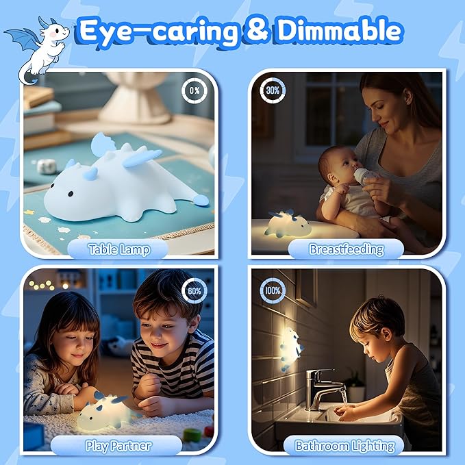 Attivolife Dragon Night Light for Kids, Cute Soft Silicone Touch Lamp with 8 Color & Dimmable & Timer, Portable Nursery Bedroom Bedside Decor LED Light, Birthday Xmas Gifts for Baby Toddler Boy Girl - Bloomnest