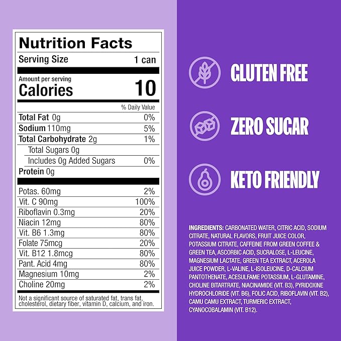 ZOA Zero Sugar Energy Drinks, Frosted Grape - Sugar Free with Electrolytes, Healthy Vitamin C, Amino Acids, Essential B-Vitamins, and Caffeine from Green Tea - 12 Fl Oz (12-Pack) - Bloomnest