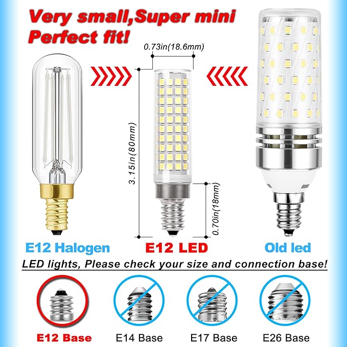 E12 100w LED Candelabra Bulbs Replacement C7,6000K Daylight Bright Cool White,1200 Lumen T6 E12 12W LED Candle Bulbs for Ceiling Fan Chandelier Pendant Lighting Salt Lamp,Non-dimmable,2 Pack - Bloomnest