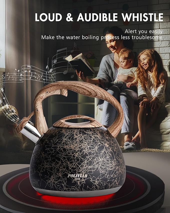 POLIVIAR Tea Kettle, Iron Grey Tea Pot Stovetop, 2.7 Quart Loud Whistling Coffee and Teapot, Food Grade Stainless Steel for Anti-Hot Handle and No-Rust, Suitable for All Heat Sources (JX2020-RB30) - Bloomnest