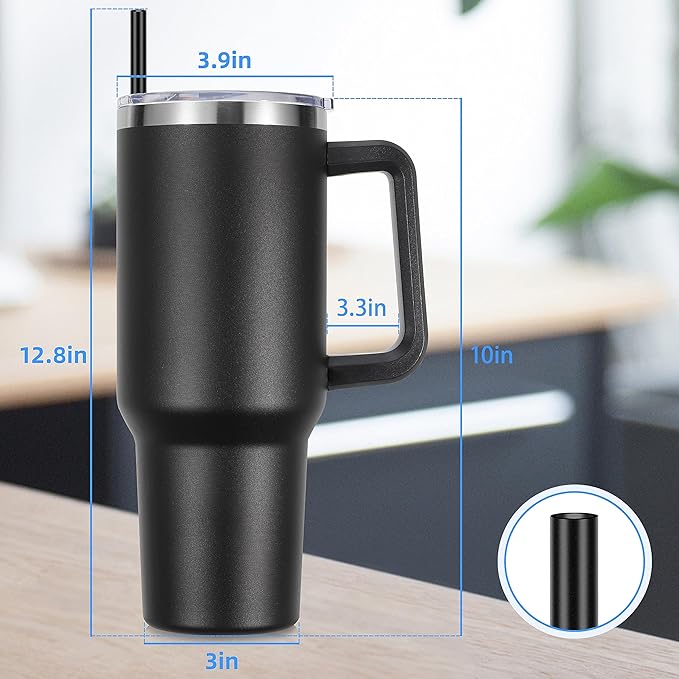 DOMICARE 40 oz Tumbler with Handle and Straw, Stainless Steel Tumbler with Lid and Straw, Reusable Vacuum Insulated Cup, Travel Coffee Mug, Black, 4Pack - Bloomnest