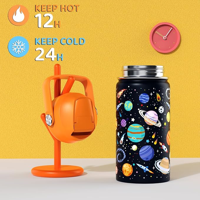 14oz Kids Insulated Water Bottle with Straw Lid - 18/8 Stainless Steel Kid Cup Travel Tumbler Double Wall Vacuum Leak Proof Portable Toddler Water Bottle (Space + Dinosaur) - Bloomnest