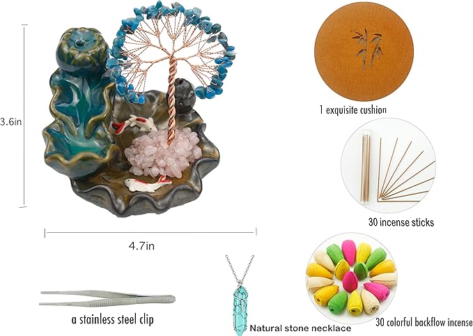 Waterfall Burner, Crystal Tree Backflow Incense Holder, with 30 Incense Cones, 30 Incense Stick, 1 Healing Crystal Necklace, Aromatherapy Anxiety Relief Items, Mom Gifts for Christmas - Bloomnest