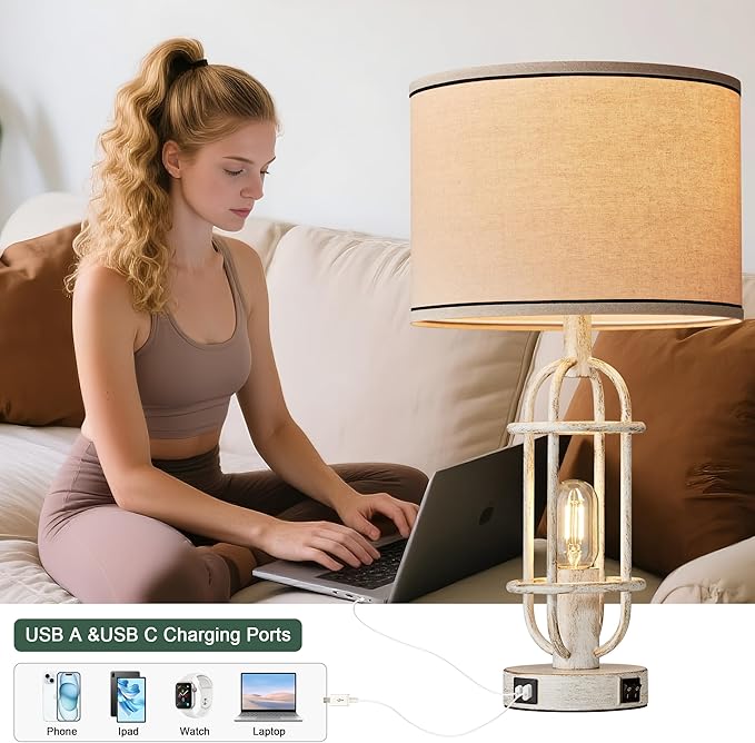 22.3" Farmhouse Table Lamps Set of 2, Vintage Lamps for Living Room End Tables, Bedroom Lamp for NightStand with USB C+A Ports, Antique White - Bloomnest
